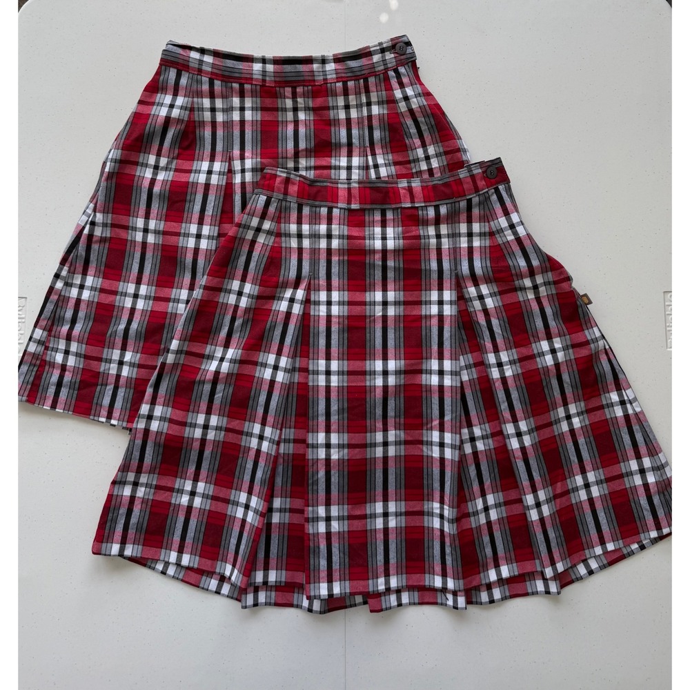Dennis School Uniform Girls Skirt Size 12 Lot of 2 Red Gray Plaid Box Pleated